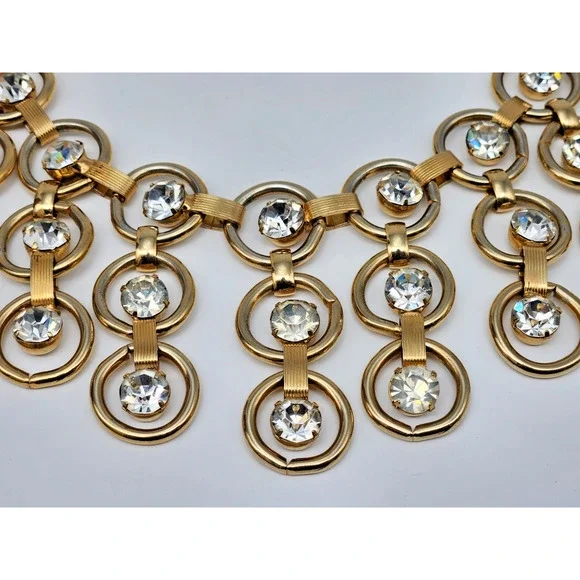 Vintage Statement Gold Circle Link Rhinestone Bib Festoon Collar Necklace
